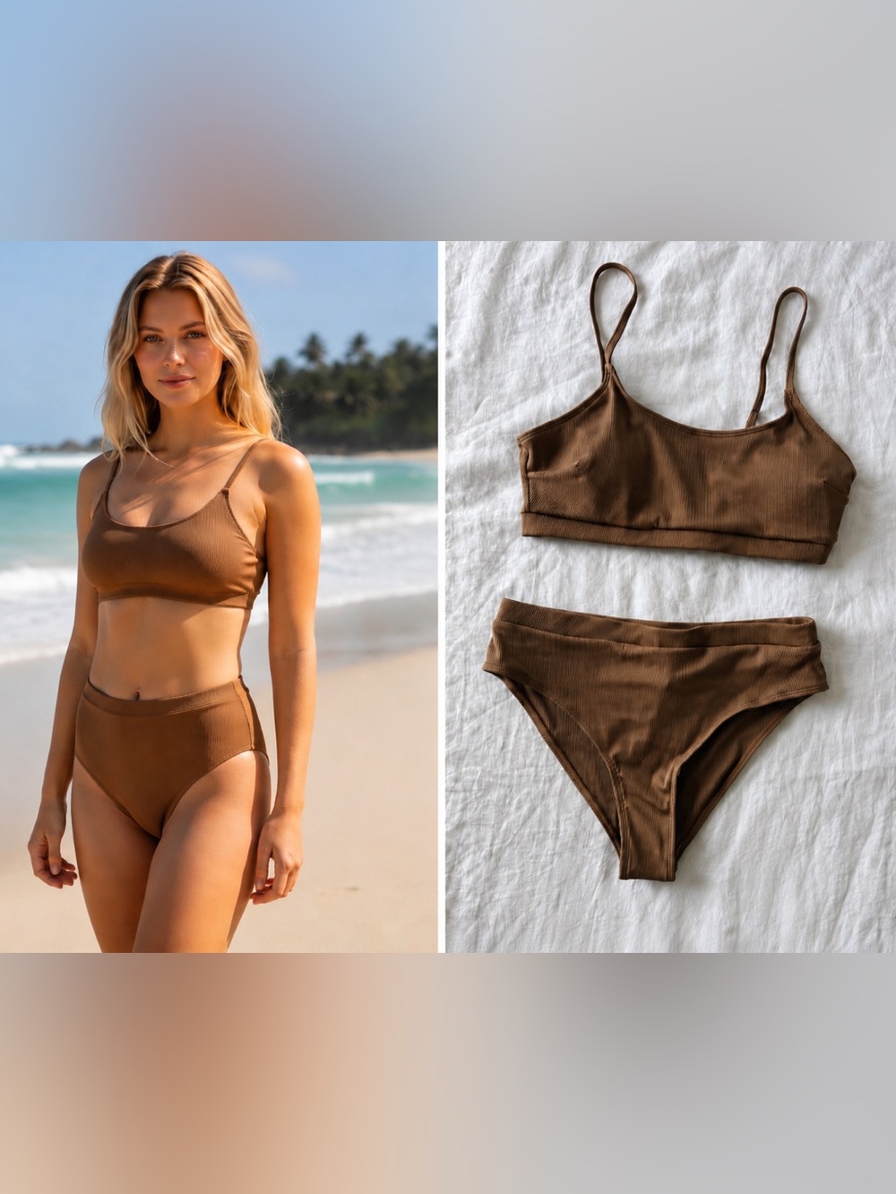 Cupshe Ribbed Bikini Set Women’s Large Brown Two Piece High Waist Swimsuit NWT